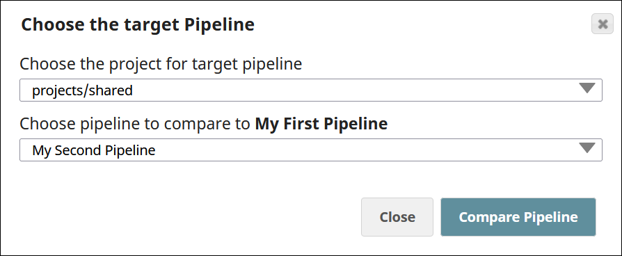 Dialog to select the Pipeline to compare with the current Pipeline