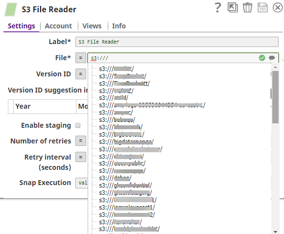 Sample S3 File Reader Snap with bucket names suggested