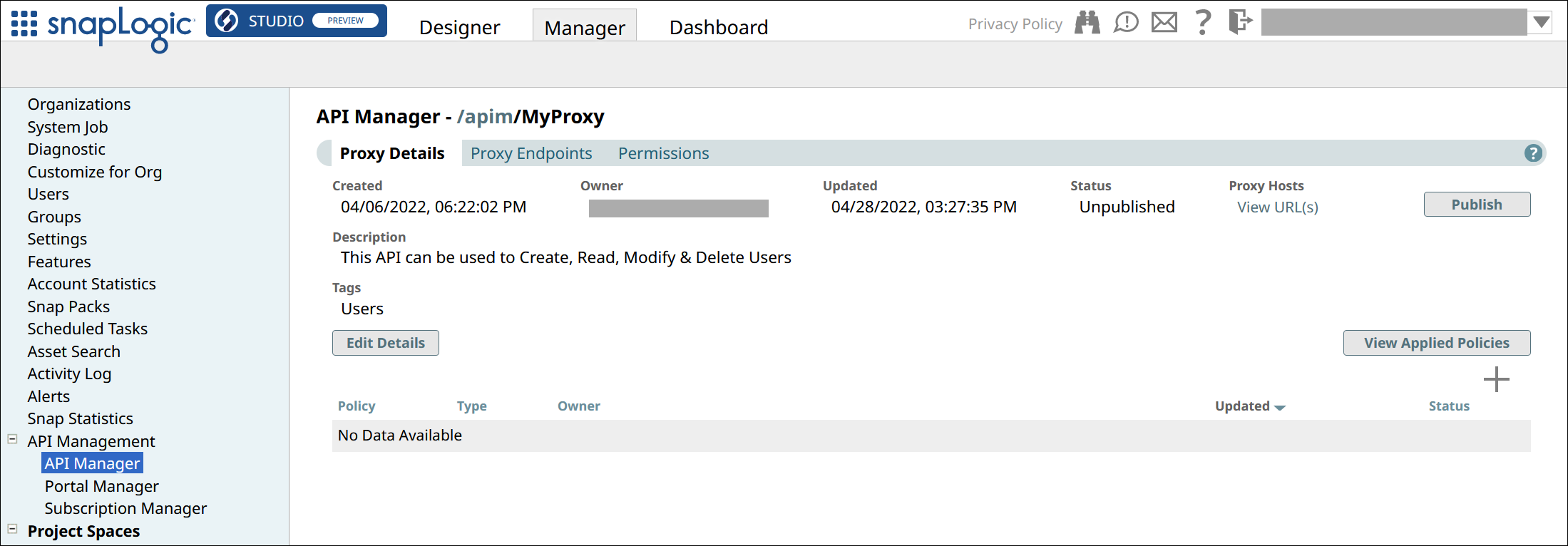 API Manager - Proxy Details tab with the Publish button