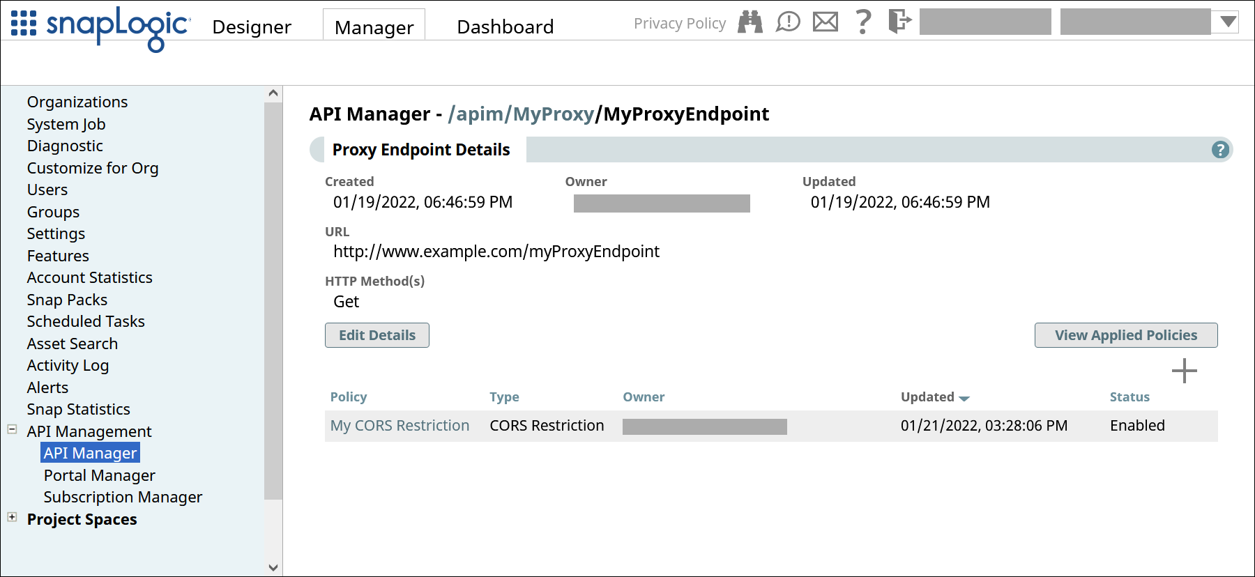 Proxy Endpoint Details tab showing applied policies at the bottom