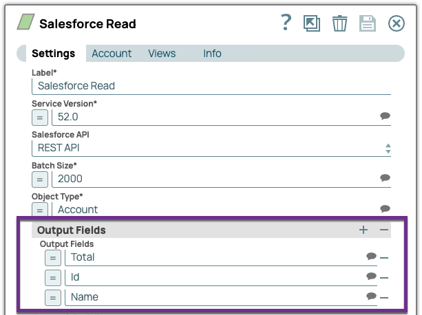 Salesforce Read Snap with output fields selected