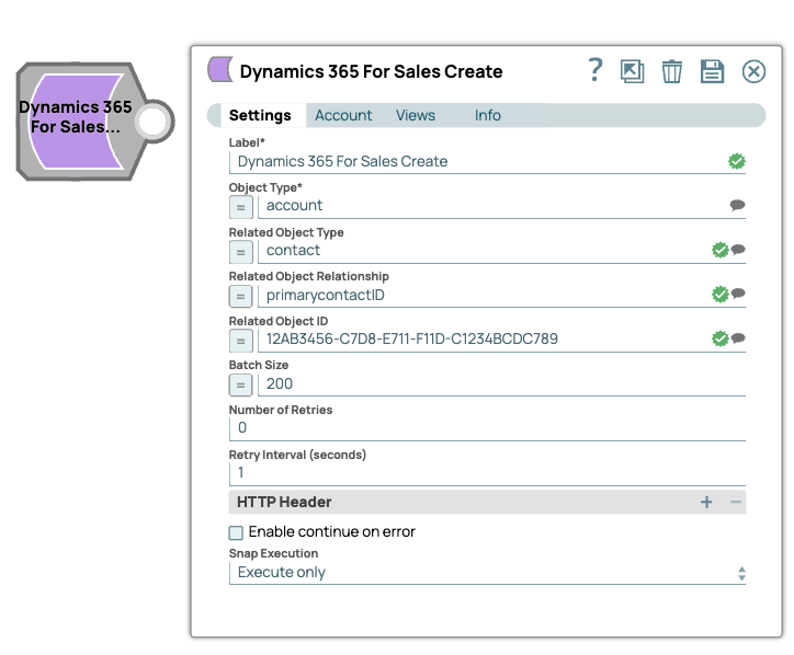 Settings for Dynamics 365 for Sales Create Snap