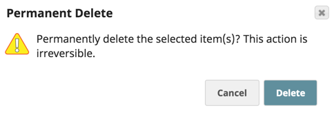 The dialog asks for confirmation about deleting the selected items. It also says that the action is irreversible.