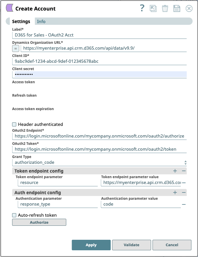 Settings for a Dynamics 365 for Sales OAuth2 account
