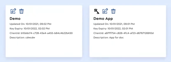 Application cards, one of which shows the key icon