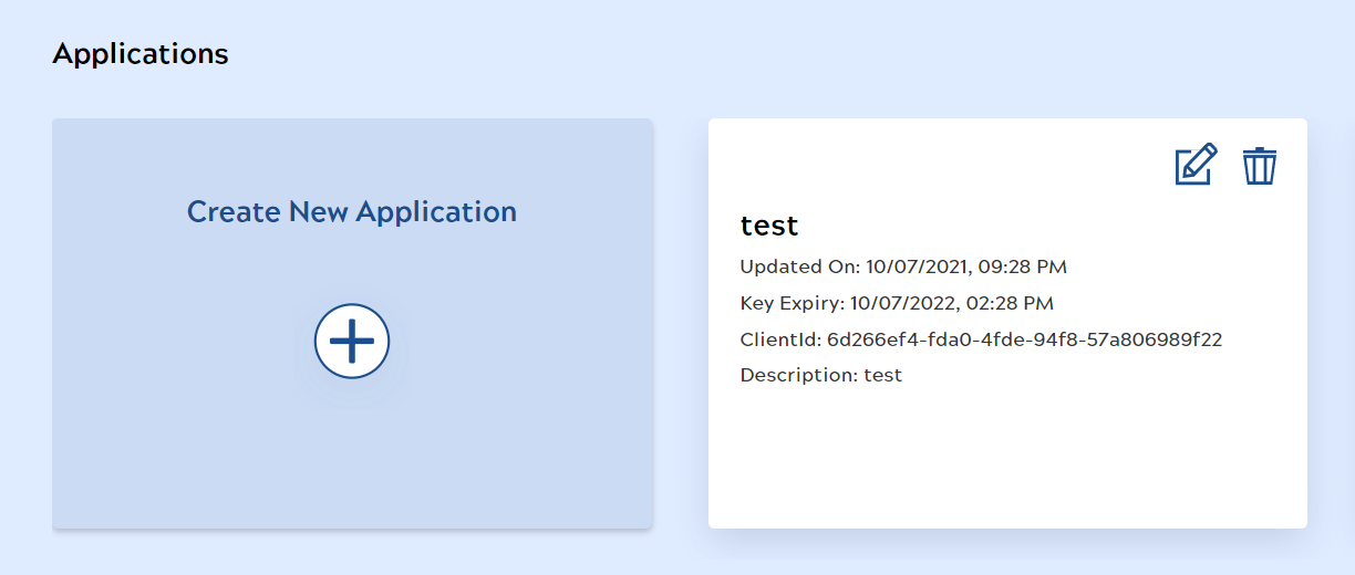 The Application page showing the Create New Application card