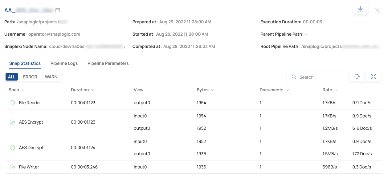Pipeline execution details