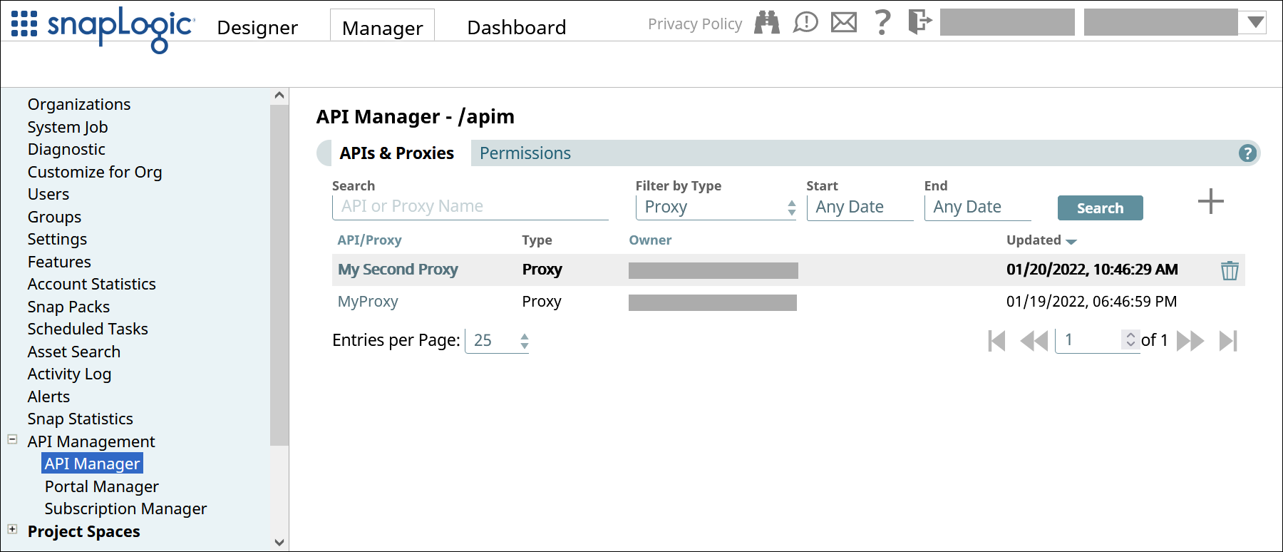 The APIs and Proxies tab of the API Manager