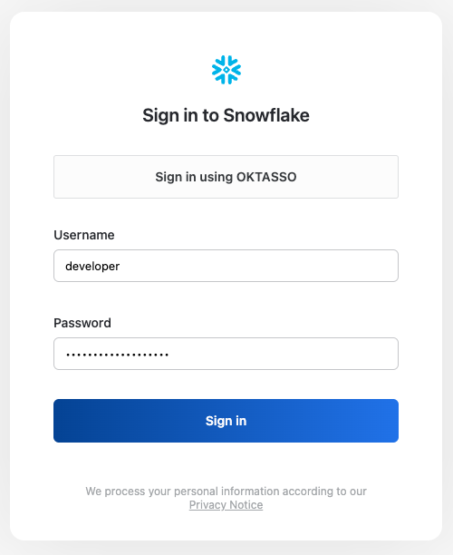 Snowflake login page using Okta SSO