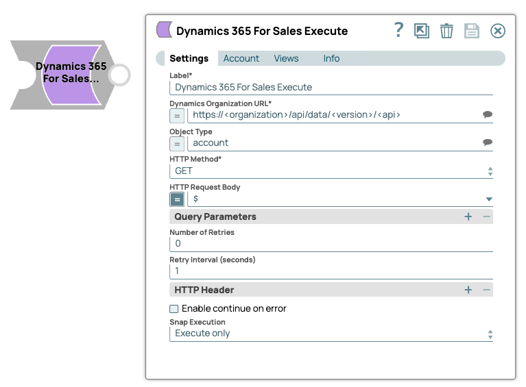 Settings for Dynamics 365 for Sales Execute Snap